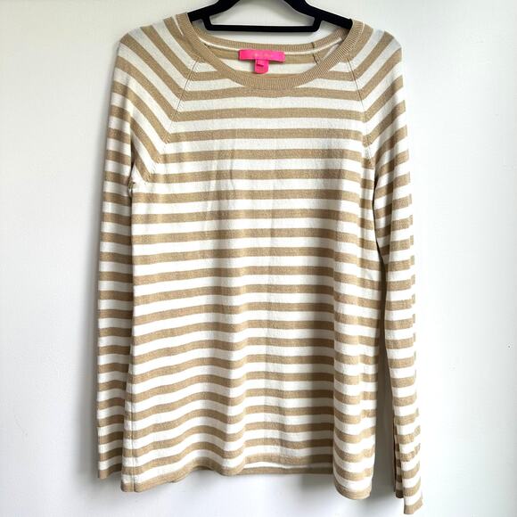 Lilly Pulitzer Dinah Medium Gold White Shimmer Crew Sweater Henley Stripe - Picture 2 of 8